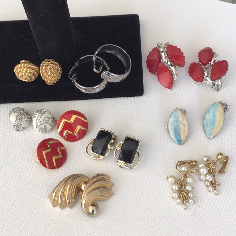 Vintage Clip On Earring Collection with Red, Gold, and Black Accents.
